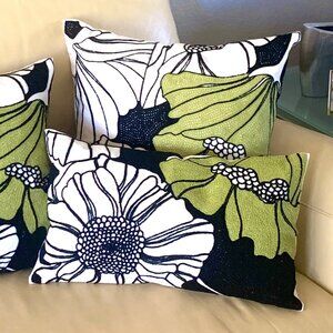 12" x 20" Green Black White Modern Lotus Floral Embroidered Throw Pillow Cover